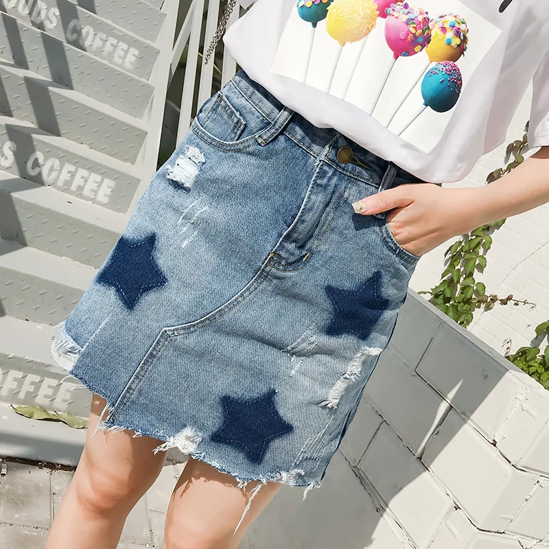 Ripped Holes Fringe Skirts Women Star Print Side Striped Irregular