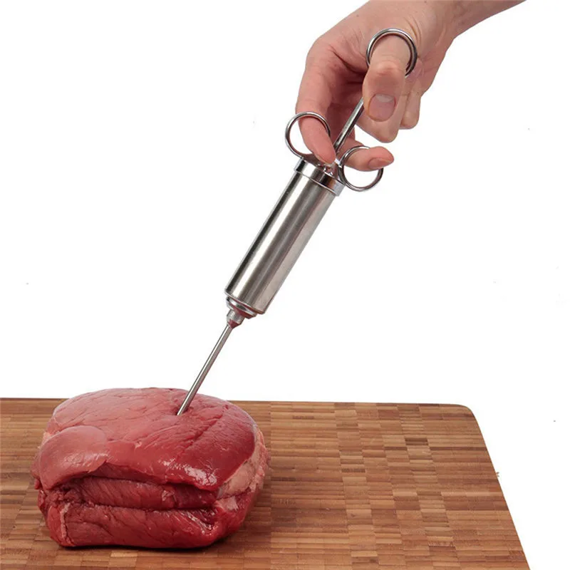 Stainless Steel Seasoning Marinade Injector Gun Flavor Needle Meat BBQ Tool Flavor Cooking Syringe with 2