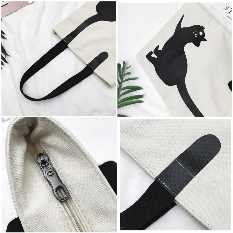 JANESPRI Fashion Women Canvas Handbag Girls Cute Cat Printed Travel Shoulder Bags Causal Lady Handbags Female Shoulder Tote Bags-1
