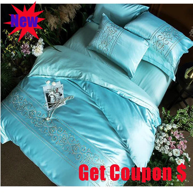 

solid color luxury silk cotton bedding set 4pcs pillowcase bedskirt duvet cover sets Euro style quality quilt cover bedsheet set