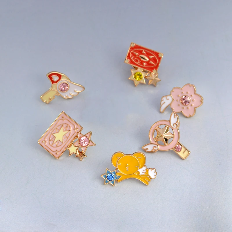

6pcs/set Card Captor Sakura Enamel Brooch Clow Card Wings Star Stick Bird KERO Denim clothes Pin Button Badge Cartoon Jewelry