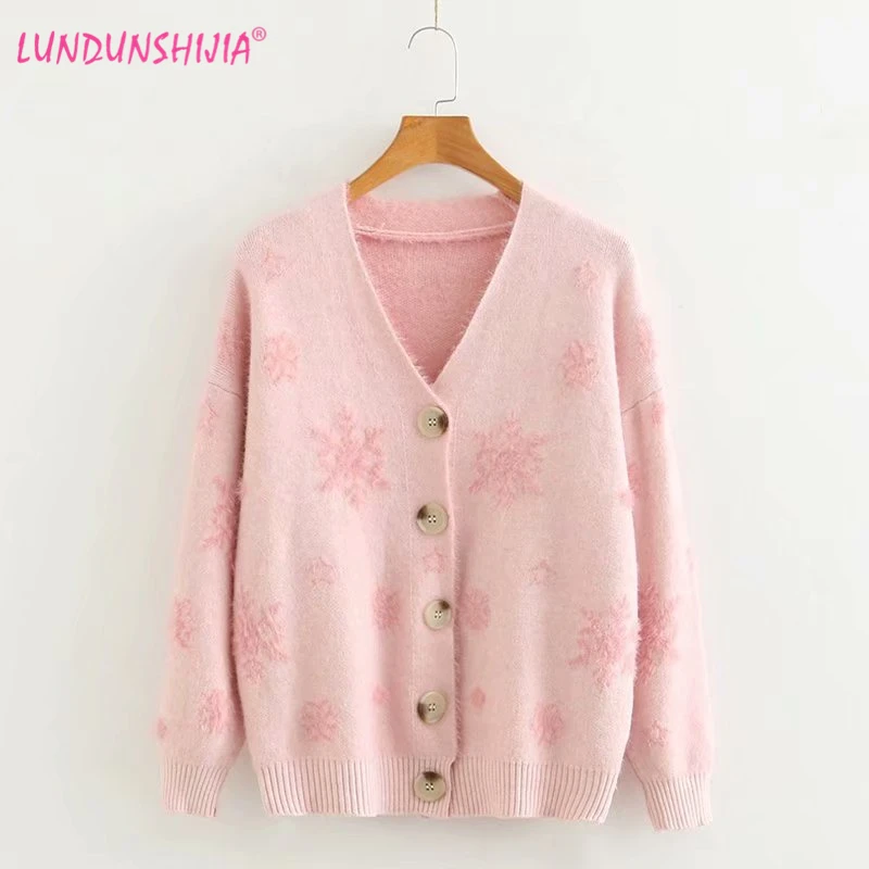 

LUNDUNSHIJIA 2019 New Spring Autumn Elegant Women Mohair Sweaters Female Cardigan Cute Snowflake Printed Loose Sweaters