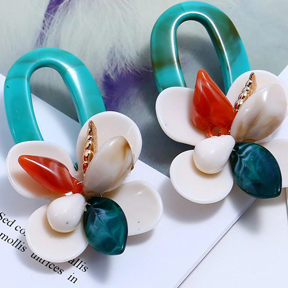 

Boho Big Flower Women Dangle Statement Earrings Resin Shell Coral Layers Drop Earrings Vintage Summer Beach Accessory Gift
