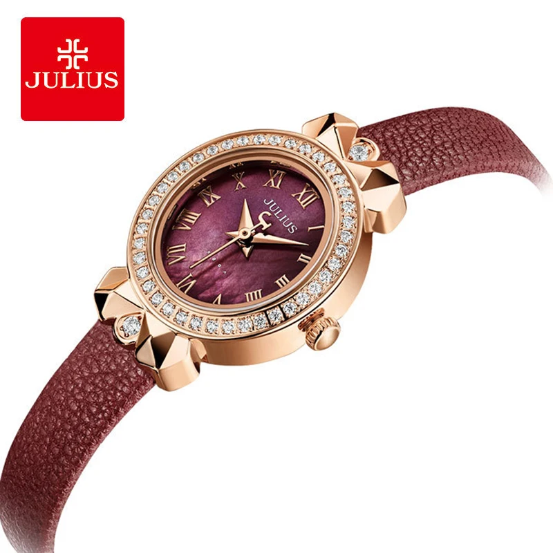 

Julius Luxury Crystal Oval Fritillaria Dial Leather Watches Woman Waterproof Quartz Wristwatches Bow Lugs Dress Watch Gift