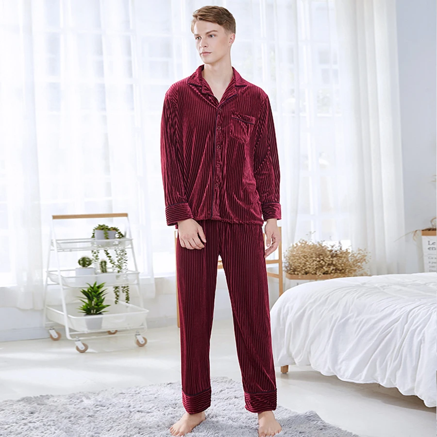 Бархатная Пижама Hombre пижама Homme Manches Longues Мужская одежда для сна ночное белье