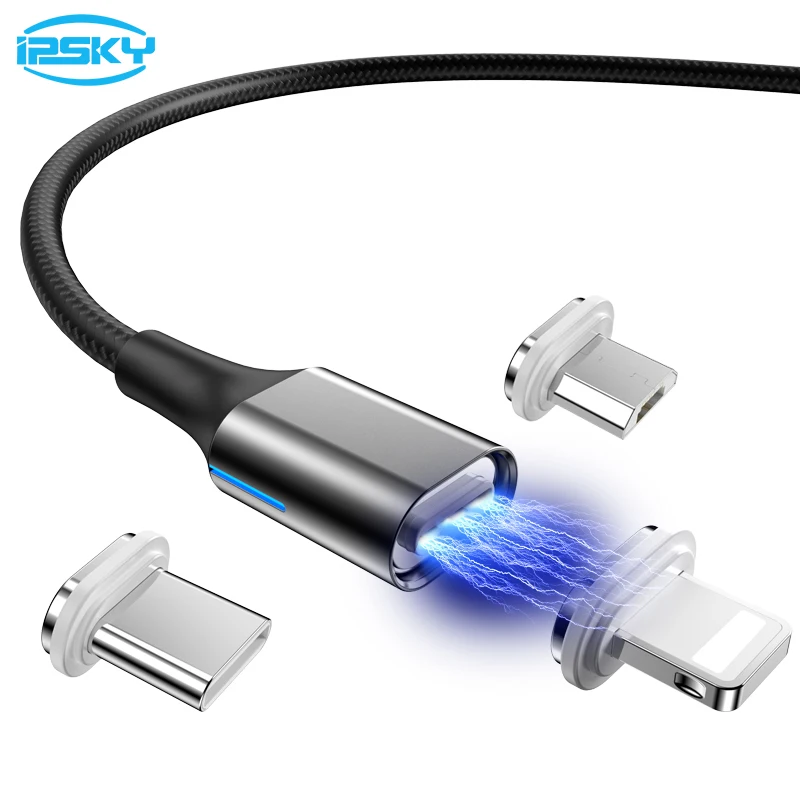 

IPSKY Upgraded 3 in 1 Magnetic Phone Charger Fast Charging Cable For Iphone Side Indicator Micro USB Type C Cord To Charge Phone