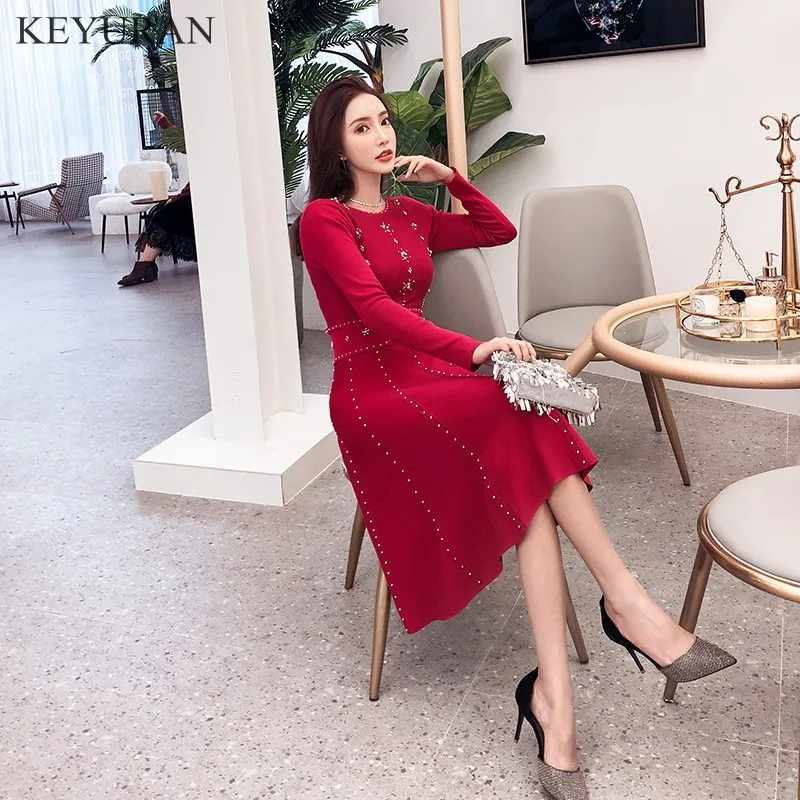 Luxury Goddess Spring Knitted Ball Gown Dress Fashion Women Red Beading Sweater Dress High Quality Elastic Dresses L2825