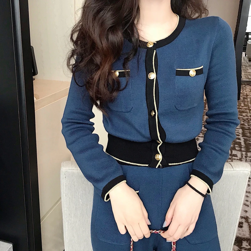 Herfst winter pak vrouwen nieuwe mode kleuraanpassing slanke jas + hoge taille gebreide brede been negen broek 2 tweedelige set vrouwen Herfst winter pak vrouwen nieuwe mode kleuraanpassing slanke jas + hoge taille gebreide brede been negen broek 2 tweedelige set vrouwen