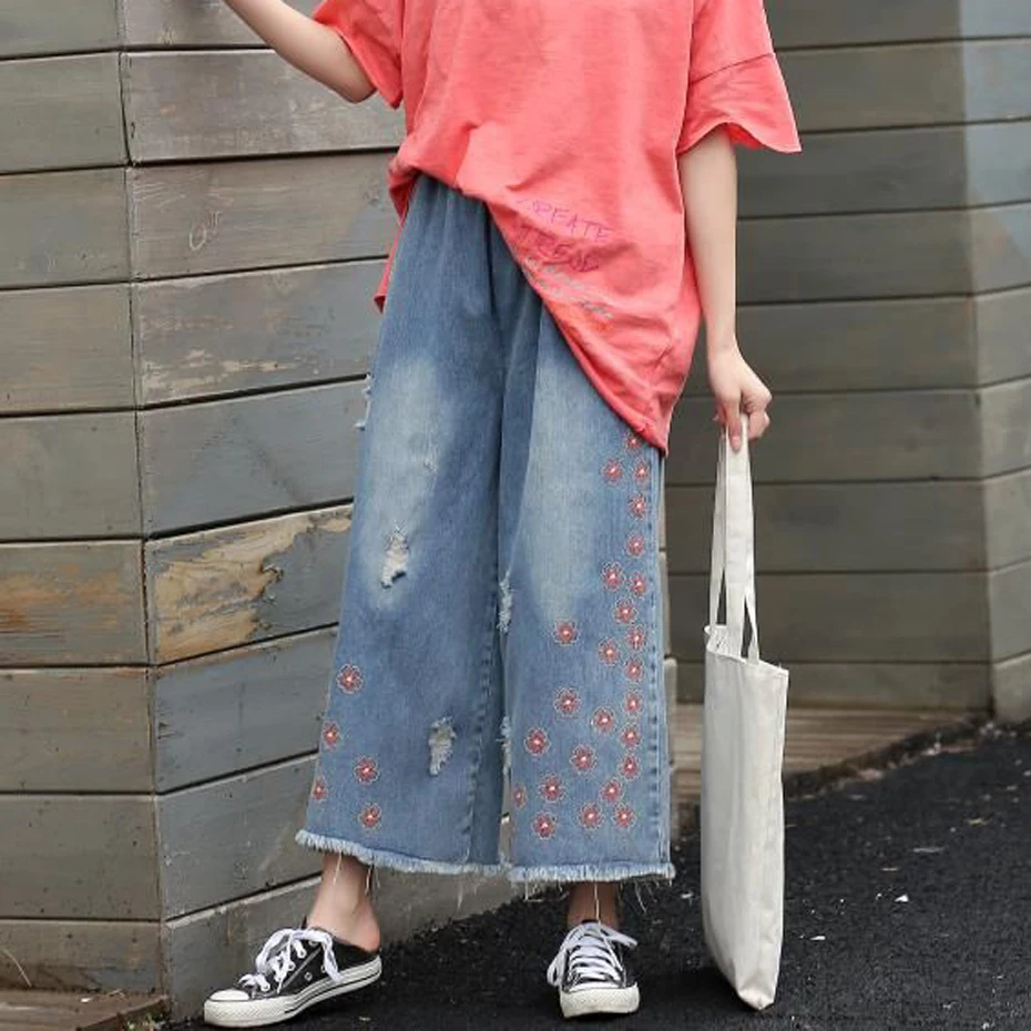 

Women Wide Leg Bottom Jeans Denim Pants Trousers Embroidery Big Loose Vintage Casual Fashion for Spring Summer 92031