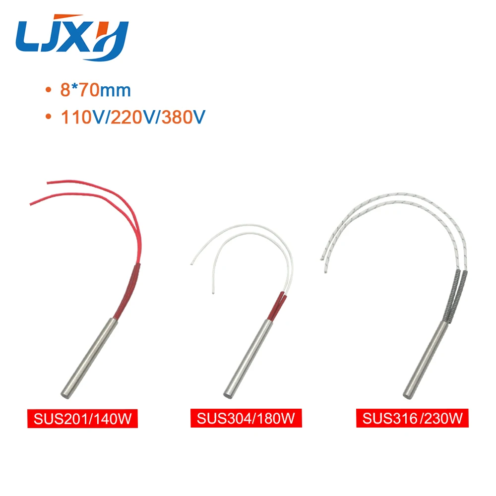 Single End Mould Heating Cartridge Heater 2pcs 8x70mm 140W/180W/230W AC110V/220V/380V SUS201/304/316 Wire Length 30cm