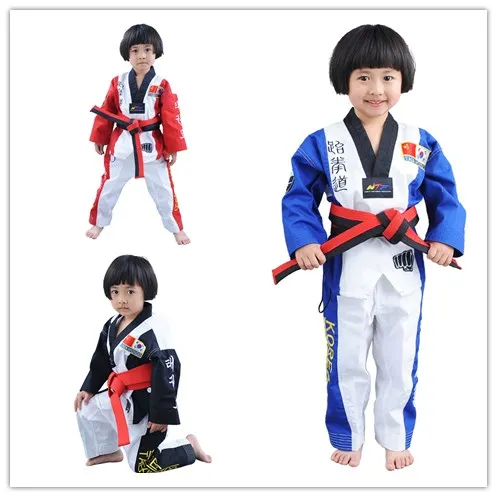 

Wholesale PineTree Taekwondo Uniform TKD Dobok WTF Logo MOOTO for child kids girls uniforms clothes suit Boy's Birthday Gift