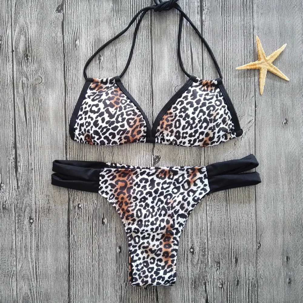 

2018 Women Leopard Bikini Set Summer Sexy Low Waist Swimsuit Halter V-neck Beachwear Maio Bathers Bathing Suit For Female