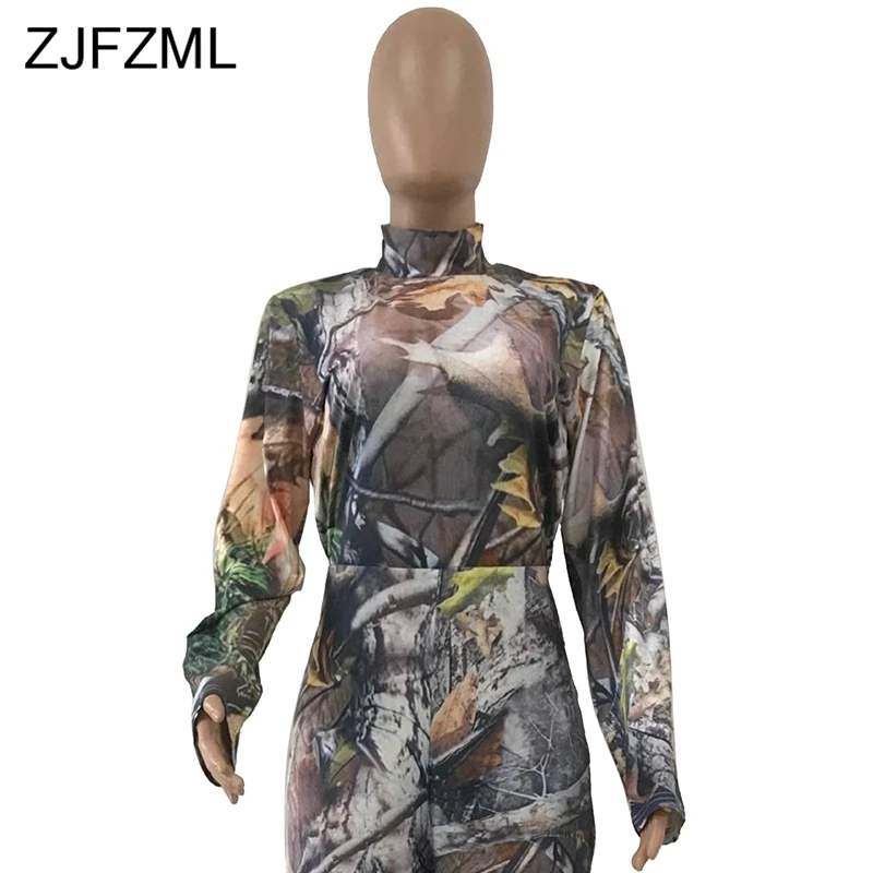 Colorful Print Sexy Jumpsuit For Women Long Sleeve High Necked Skinny Full Length Romper Casual Ladies Back Zipper Party Overall