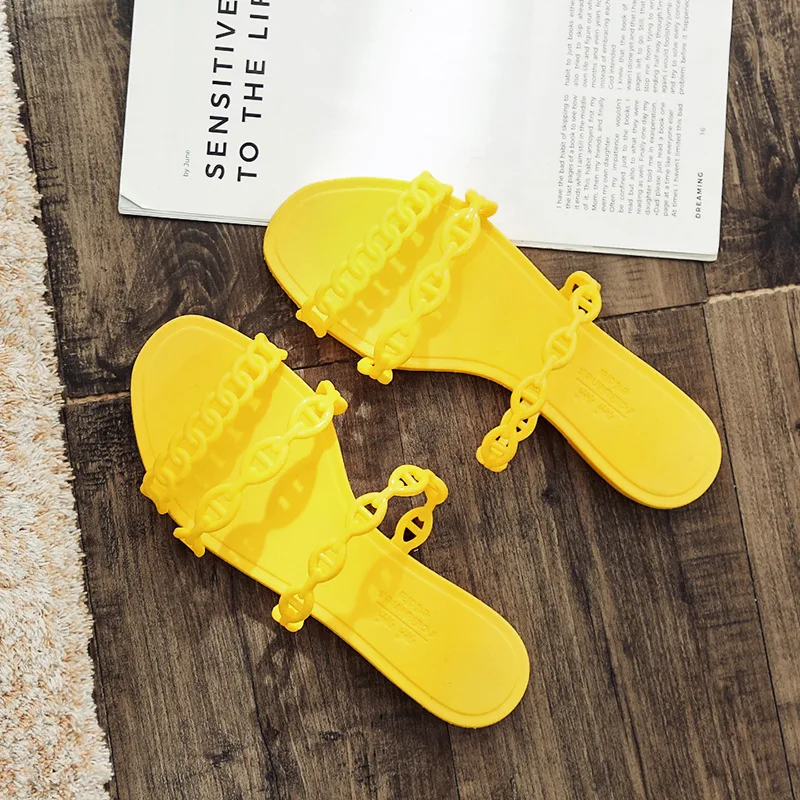 Специальные женские шлепанцы с рисунком; сплошные цепочки; пластиковая обувь на плоской подошве с низким каблуком без застежки; пляжные сандалии для улицы; женская обувь; Новинка года - Цвет: Цвет: желтый