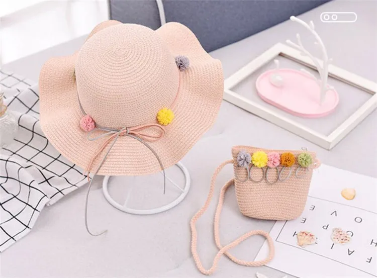 Соломенная красивая шляпа с цветочным рисунком для маленьких девочек, летняя шляпа для девочек, пляжная шляпа с козырьком, соломенная сумка, комплекты из двух предметов