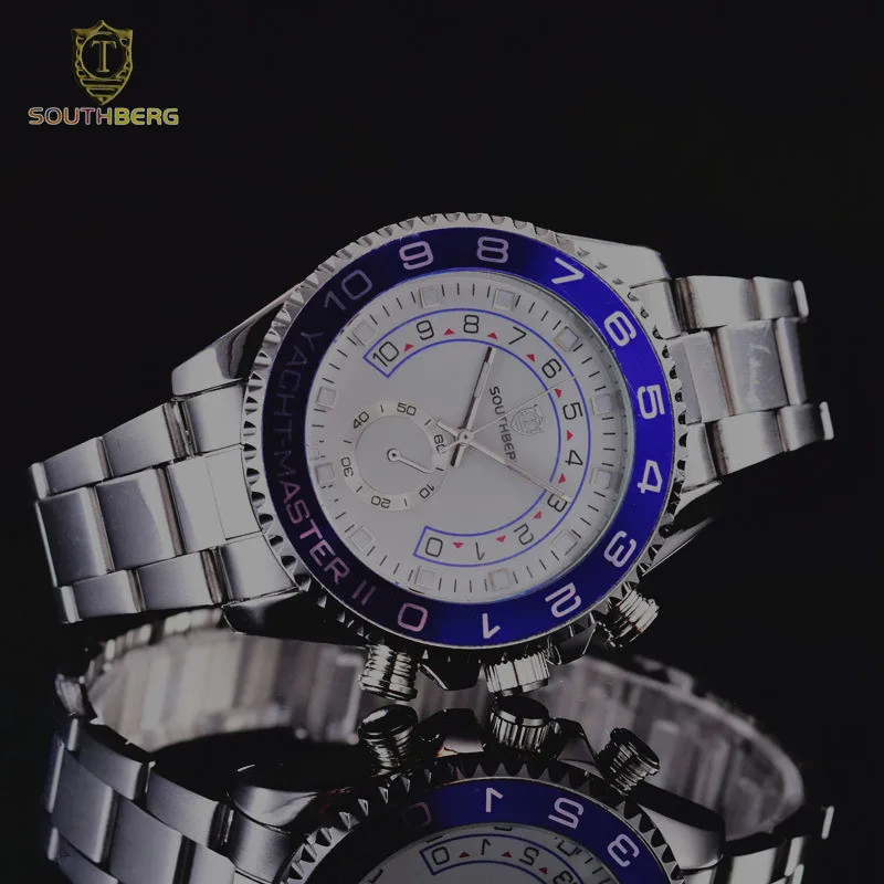 Мужские золотые часы SOUTHBERG с поворотным ободком и сапфировым стеклом, браслет из нержавеющей стали, Спортивные кварцевые наручные часы reloj relogio 44 мм