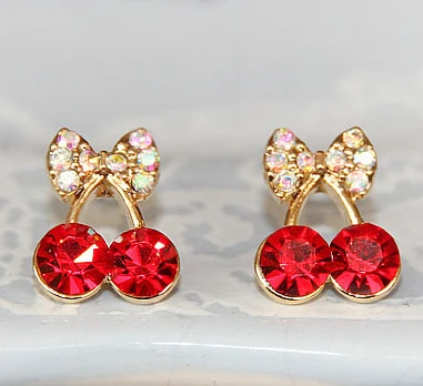 

Promotion Korean Exquisite Sweet Girls Fashion Brincos Cystal Cherry Bowknot Accessories Stud Earrings E2395