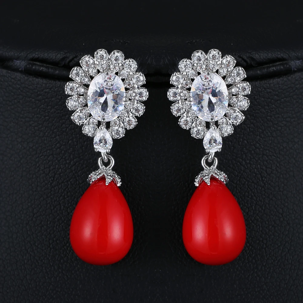 Simulated red Pearl Earrings Tiny AAA+ CZ drop Earrings For Women