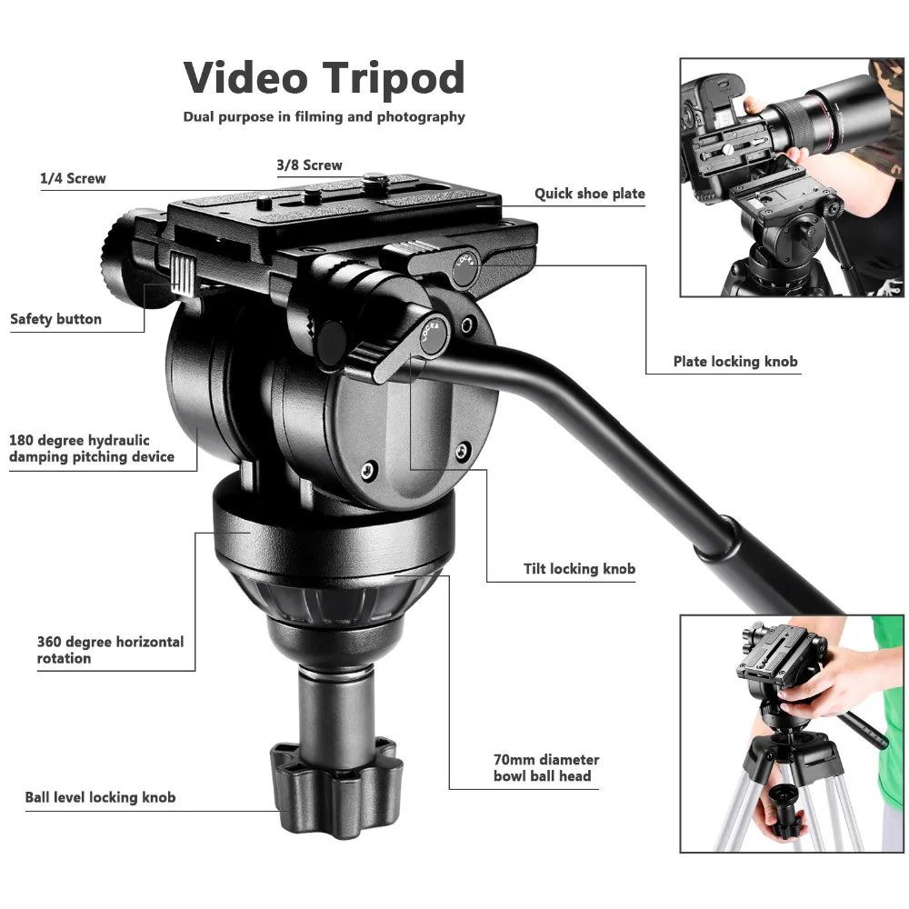  Neewer Pro Video Camera Tripod 61 inches Aluminum Alloy with 360 Degree Fluid Drag Head Quick Shoe 