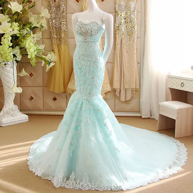 Mermaid Ice Blue Wedding Dresses 2016 Full Length Luxury Crystal Mermaid Ice Blue Wedding Dresses 2016 Full Length Luxury Crystal Beaded Liques Vestidos De Noivas Para