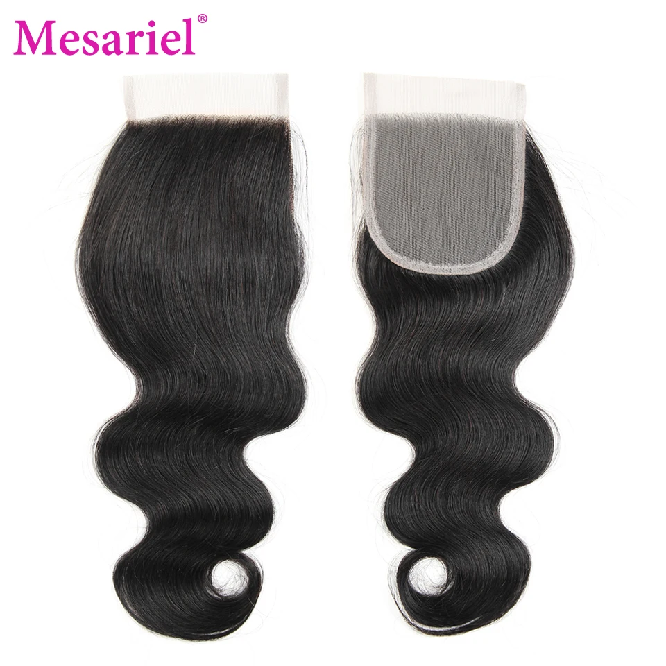 Mesariel бразильские объемные волнистые 4*4 прозрачные человеческие волосы с закрытием, натуральный цвет, не Реми волосы, свободные/средний/три