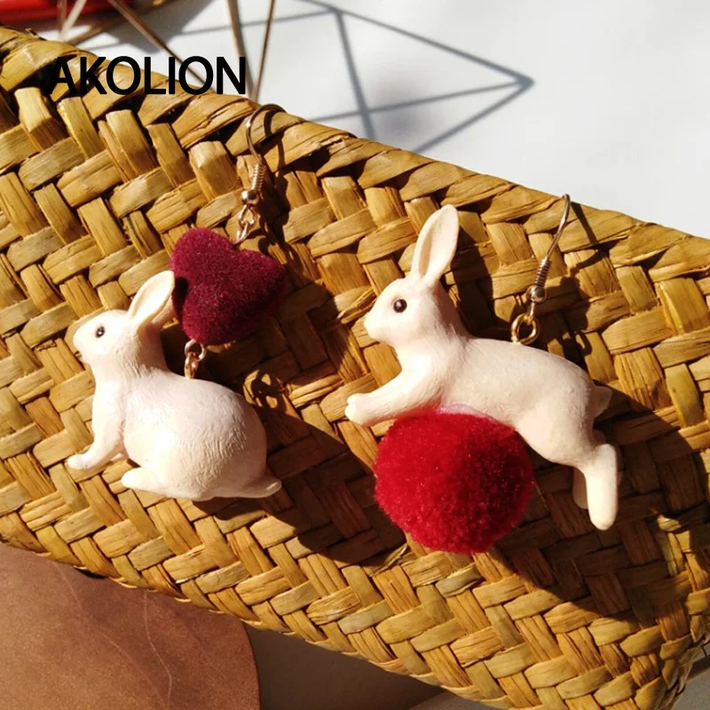 Creative New Asymmetric Little White Rabbit Drop Earrings for Women Girl Wine Red Peach Heart Fuzzy Ball Tassel Dangle | Украшения и