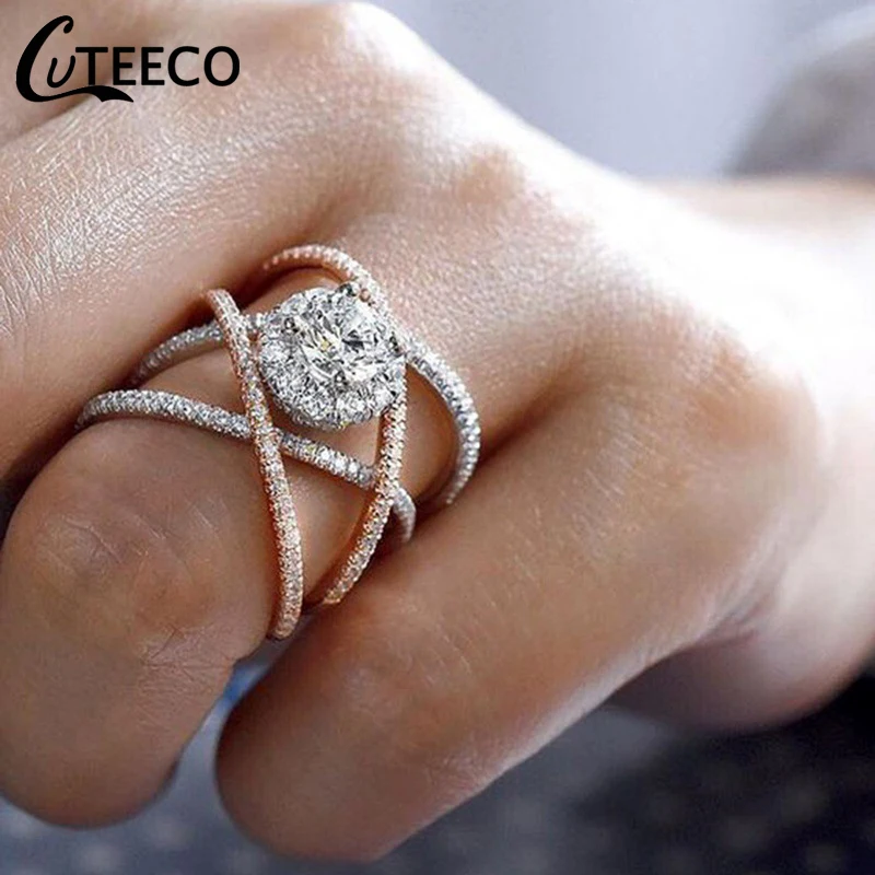 

CUTEECO Round AAA Cut Cubic Zircon Engagement Rings For Women Rose Gold Sliver Color Wedding Ring Jewelry Gifts Anillos Mujer