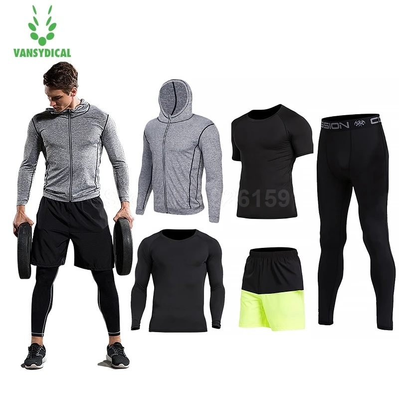 2018 Vansydical Mens Sport Suit Running Suits 5pcs Men Gym Clothing