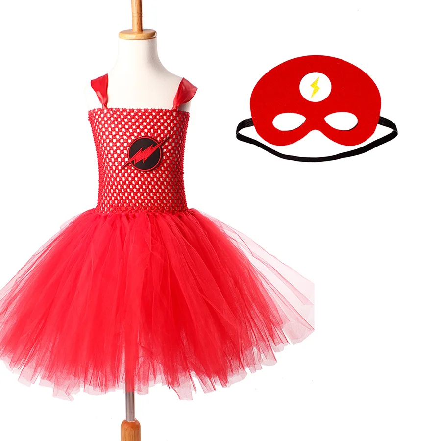 Girl Flash Halloween Tutu Dress with Mask Kids Red Superhero Cartoon Outfit Children (14)