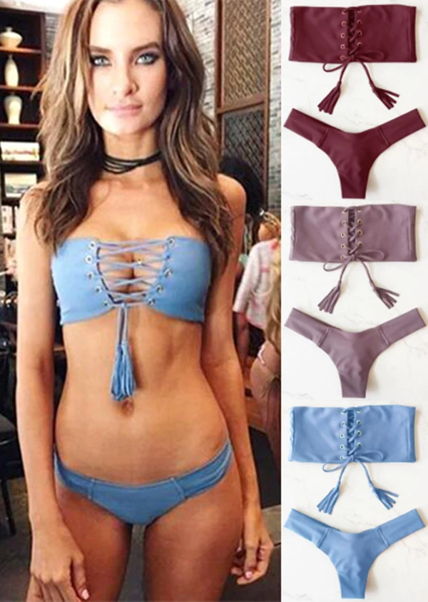 

2019 New Hot Neon Color Women Swimsuit Bandeau Push Up Swimwear Women Sexy Strapless Brazilian Bikini Set Beach Bathing Suits