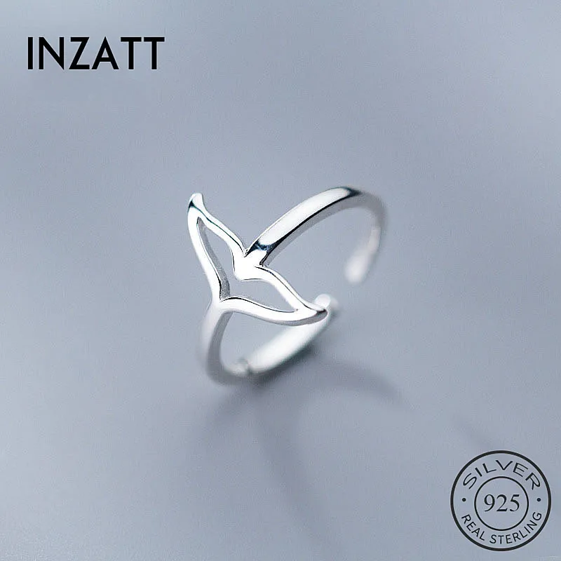 

INZATT Real 925 Sterling Silver Minimalist Hollow Fish Tail Opening Ring For Charming Women Party Fine Jewelry Accessories Gift