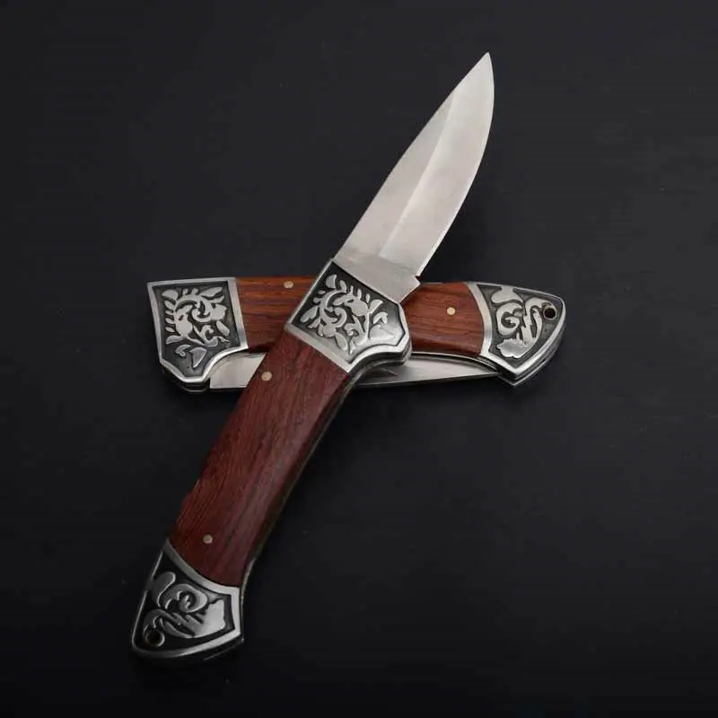 copper tactical folding knife steel blade wood handle rescue pocket edc tools  (6)