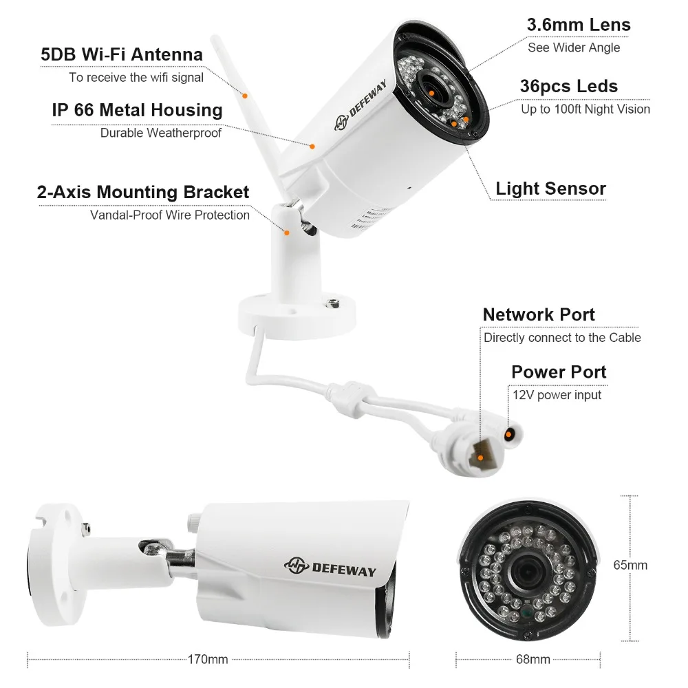 DEFEWAY 4CH NVR 1080P Wifi H.265+ CCTV System Kit 2MP Weatherproof Security Wireless Camera Video Surveillance System Kit 4Pcs