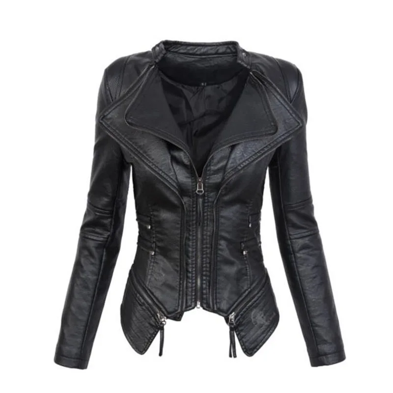 

Women Spring coat Black Fashion Motorcycle Jacket 2019 Outerwear faux leather PU Jacket Gothic faux leather coats