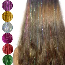 Long Straight Fake Colored Glitter Hair Extensions Clip In Highlight Hair Streak Synthetic Hair Strands Party Hairstyling Tools
