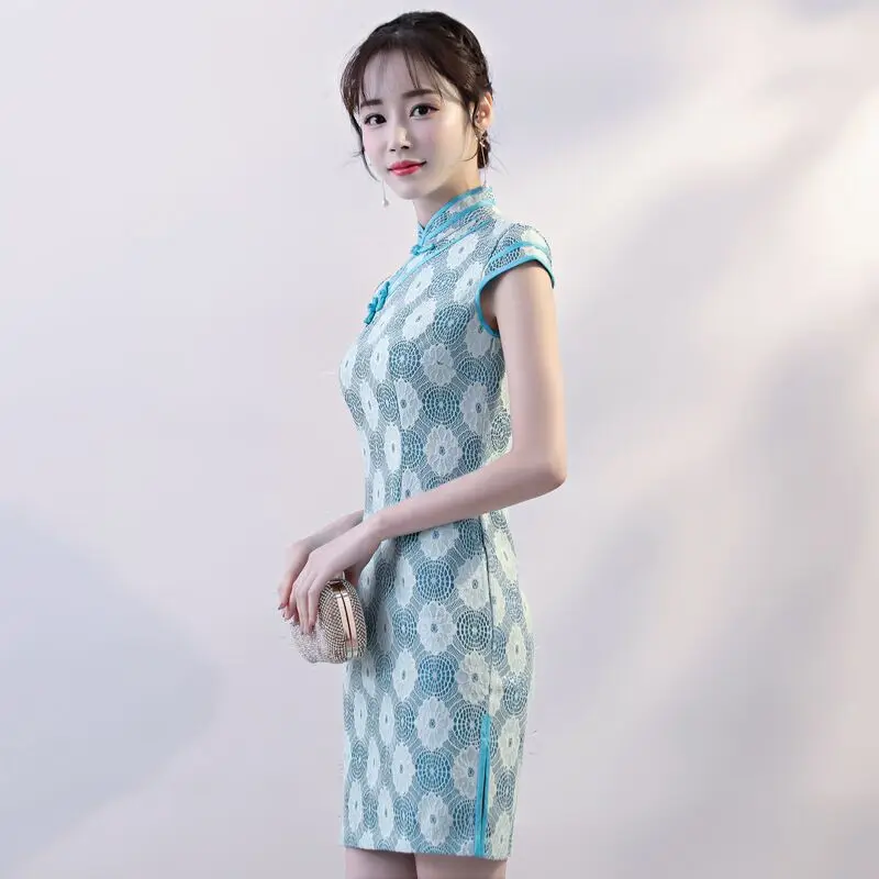Новое поступление летнее Мини Cheongsam сексуальное модное китайское короткое стильное Qipao женское кружевное тонкое платье Vestidoss Размер S M L XL XXL