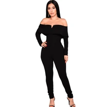 spring women's sexy jumpsuit solid color word shoulder small V-neck jumpsuit tight black jumpsuit spring women's sexy jumpsuit solid color word shoulder small V-neck jumpsuit tight black jumpsuit