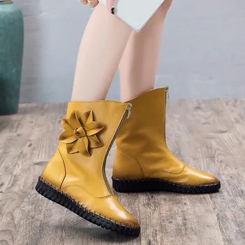 

Plus Size Women Retro Boots Handmade Mid Calf Boots Women Fashion Flower Soft Genuine Leather Martin Shoes Flat