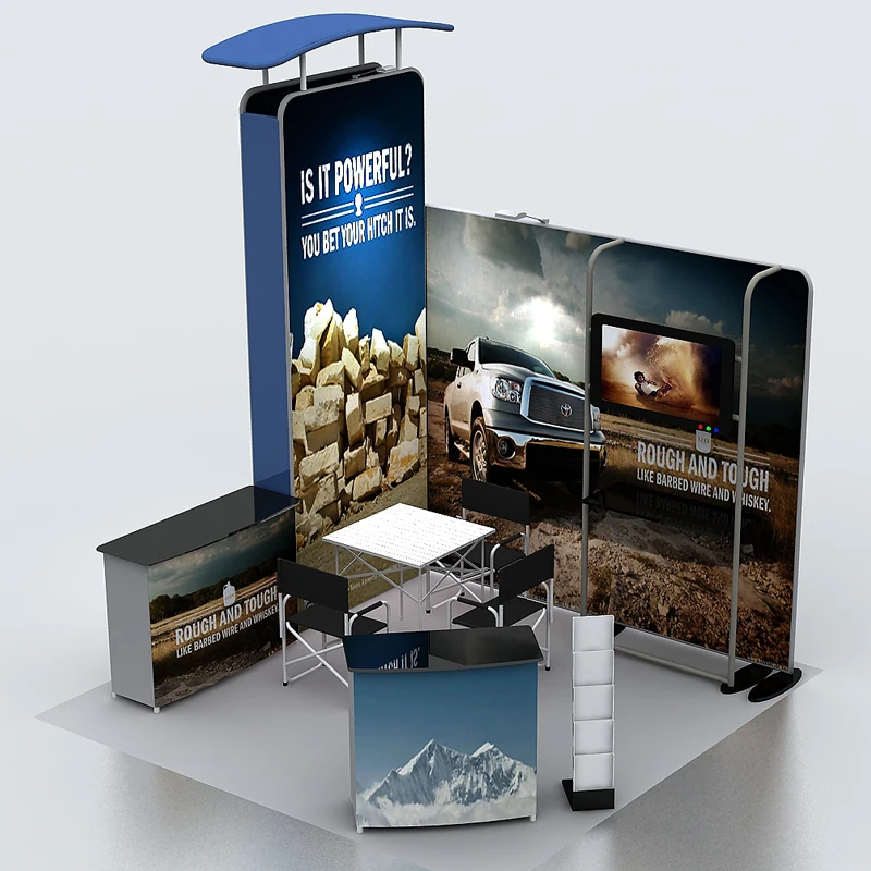

10ft portable custom tension Fabric Trade show displays Pop Up Stand booth system with TV bracket Counter graphic print