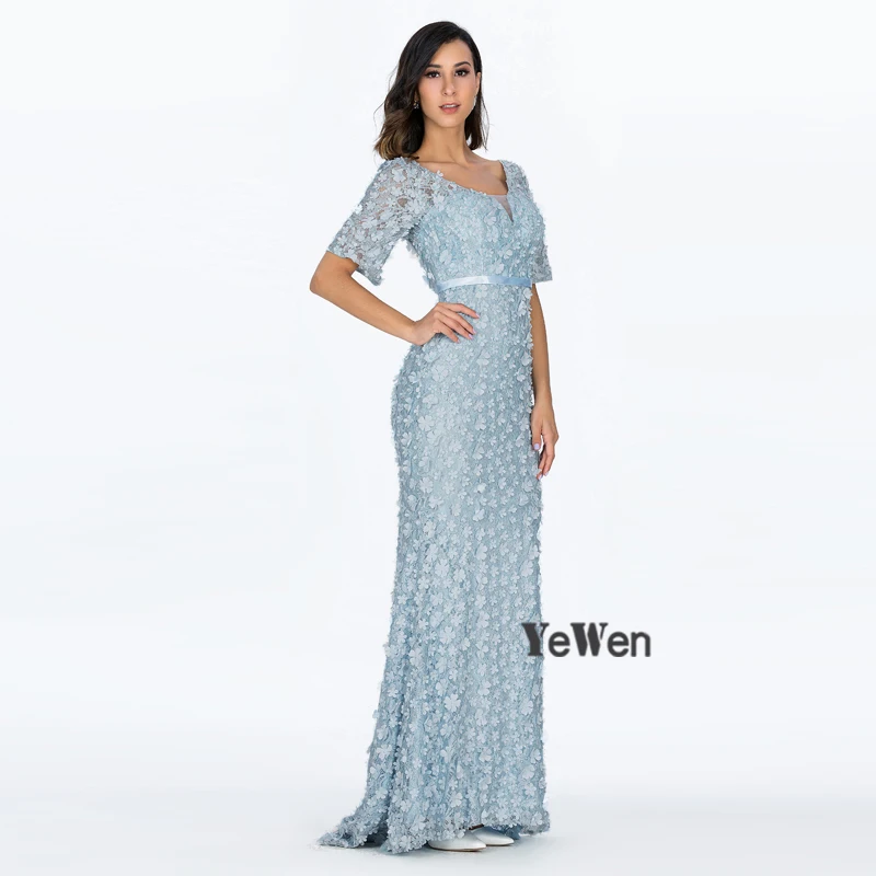 Mermaid Short Sleeves Luxury Evening Dress Long V Neck Pink Flowers Pearls Women Elegant Formal Party Gowns 2019 Prom Dresses