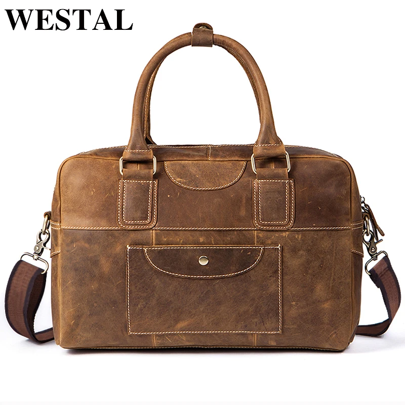 

WESTAL Men's Briefcase Male Genuine Leather men bags Messenger Bag Men's Shoulder Bags Leather Laptop Bag men for document 8105