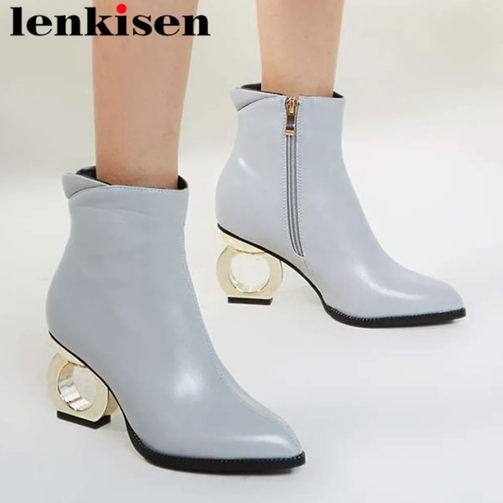

2019 european designer oxford pointed toe high fretwork heels british style graceful lady large size pu winter short boots L10