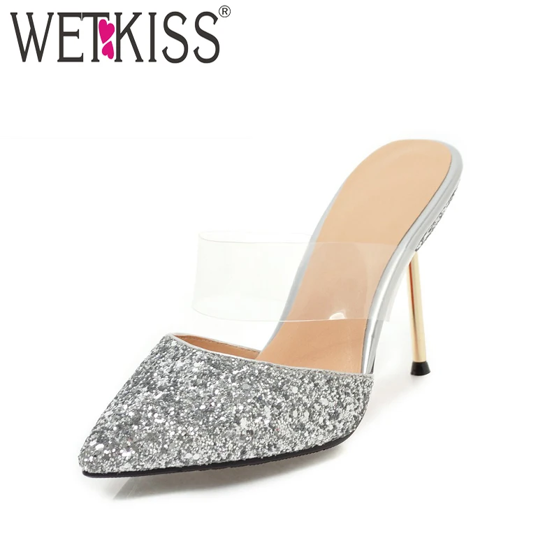 

WETKISS Stiletto High Heels Slippers Women Bling Pointed Toe Thin Heels Rubber Slides Footwear 2019 Summer Ladies Mules Shoes