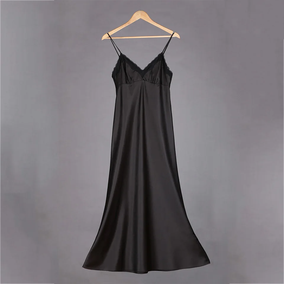 Атласная Ночная рубашка женское кружевное женское белье, сексуальная ночная сорочка с v-образным вырезом Ночная рубашка 2 цвета ночное белье удобная одежда для сна SLA501 - Цвет: Black