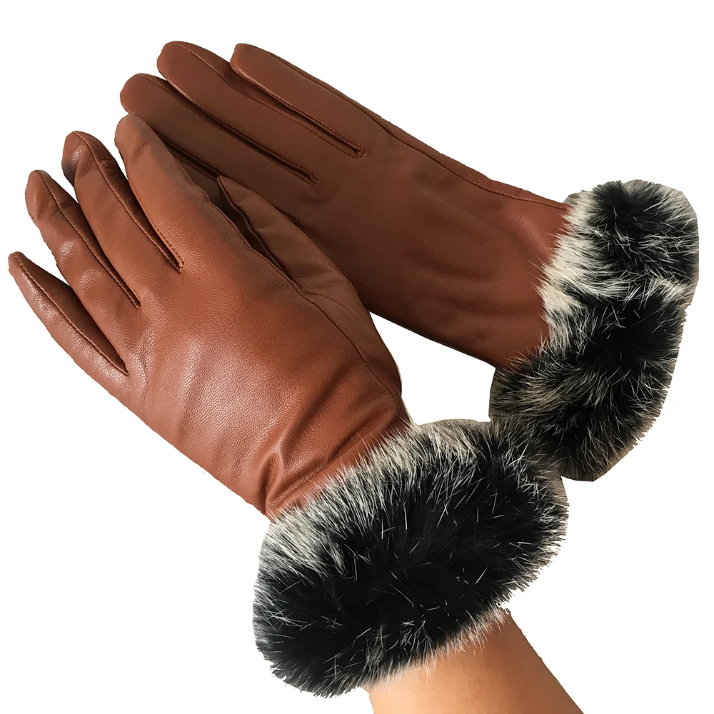 Зимние женские кожаные перчатки 2019 Осень Новые модные брендовые женские теплые перчатки из кроличьего меха Коричневого Цвета Перчатки из