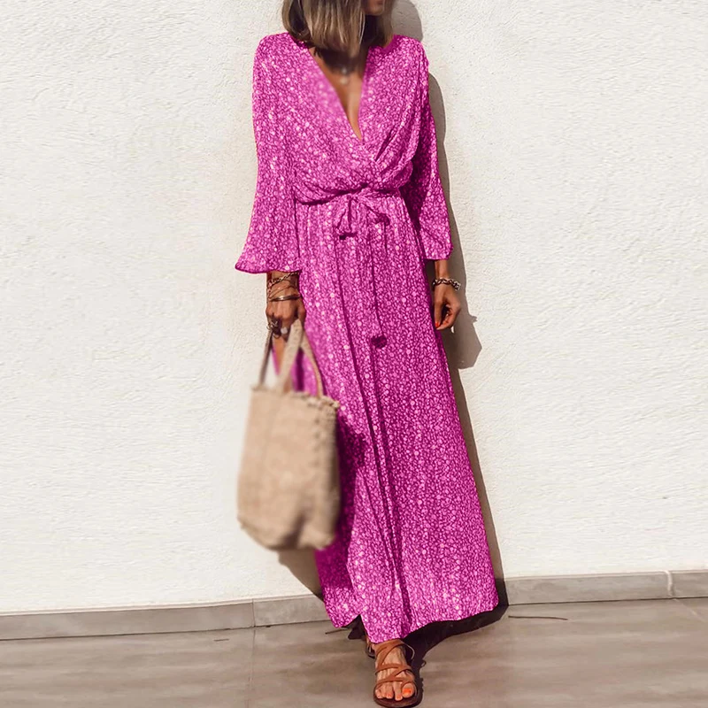 

Women's Dress Vacation Printed Casual Stylish Beach Floral Party Long Sleeves Maxi Boho Loose V Neck