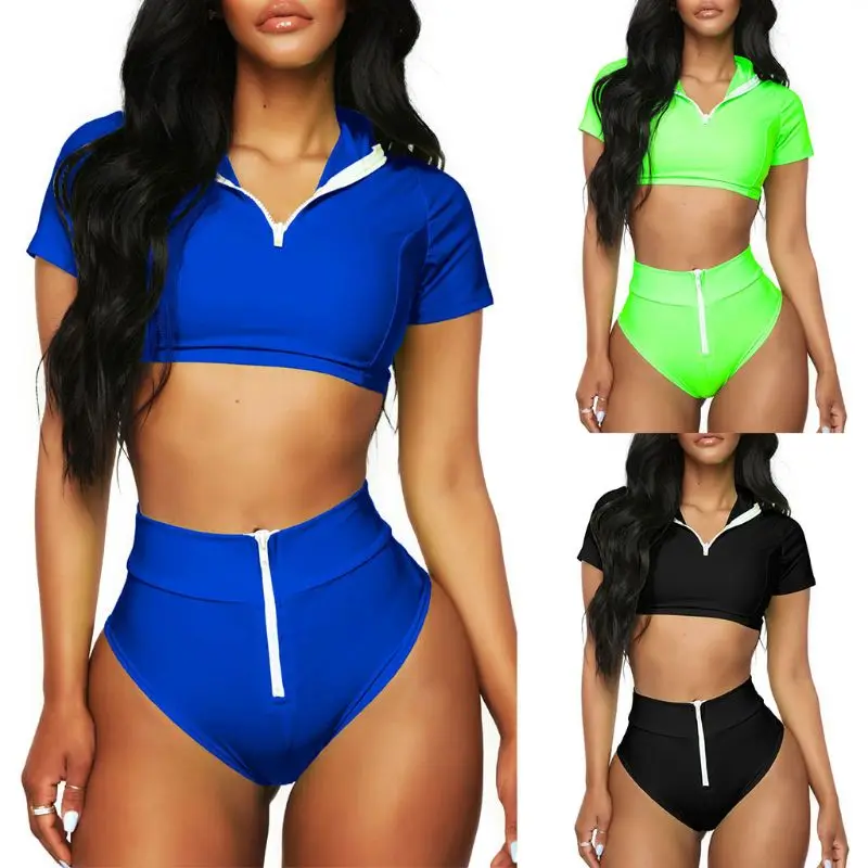

Women Sexy Two-Piece Bikini Set Push Up Padded Short Sleeve Crop Top Sport Swimsuit High Waist Zipper Up Thong Solid Color Beach