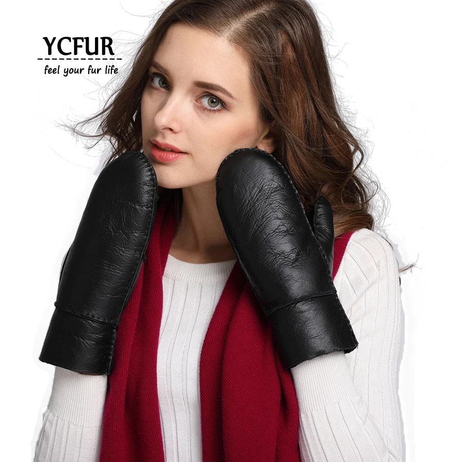 YCFUR Women Winter Gloves Mittens Warm Heavy Fur Lining Genuine Sheepskin Fur Glove For Female
