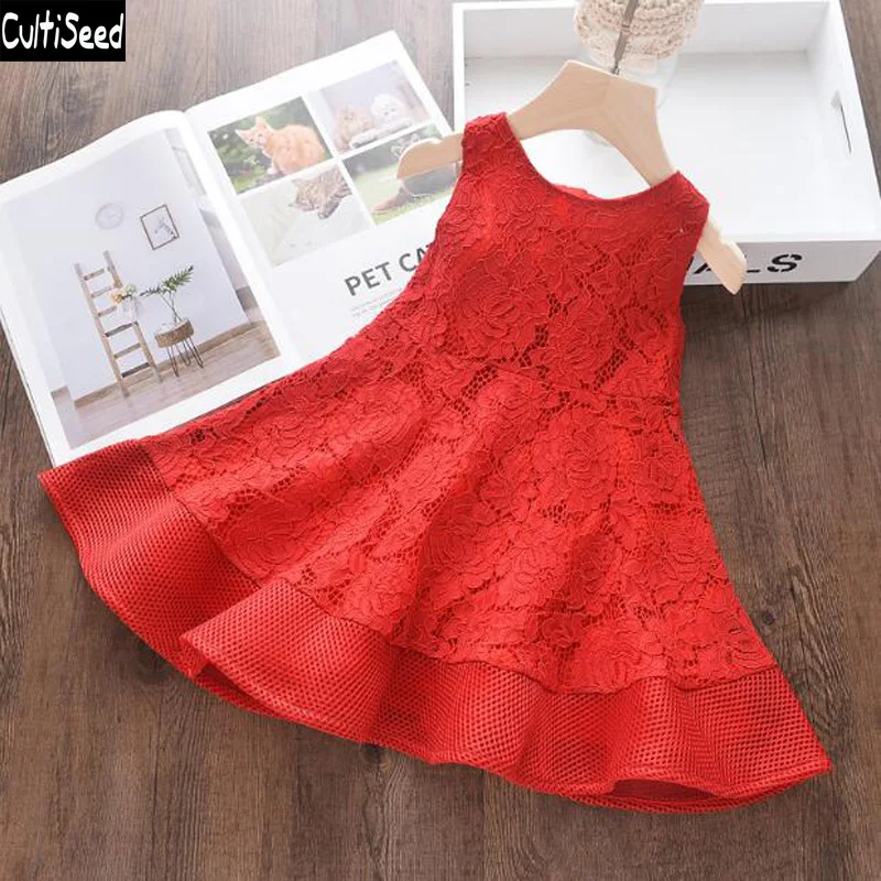 

Cultiseed Girl Red Lace Dress Children Hollow Out Lace Princess Party Dresses Clothes Kids Cute Sleeveless Vest Dress