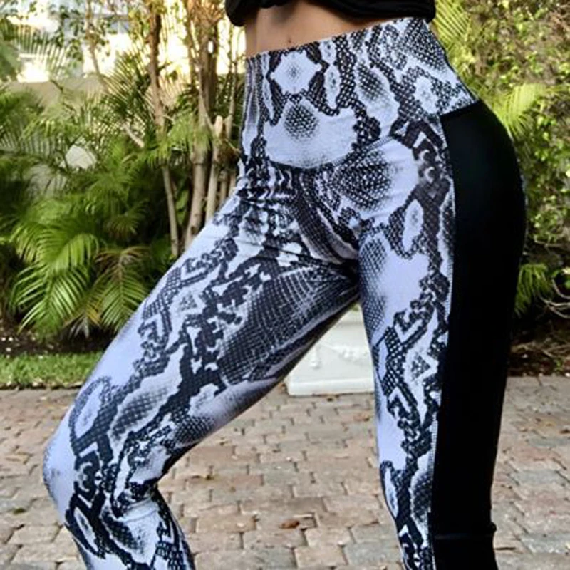Women Snake Print Leggings Elastic Hip Pleated Workout